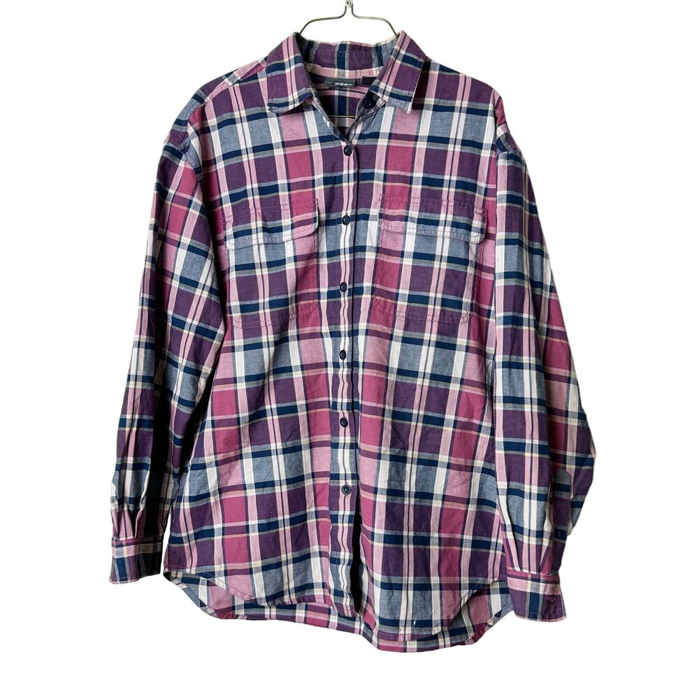 Liz Wear VINTAGE 100% cotton pink purple plaid long sleeve button up top LARGE